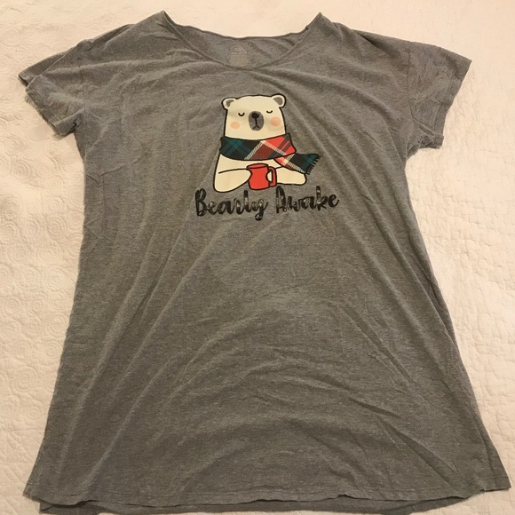Cute Secret Treasures short sleeved gray vneck “bearly awake” sleep shirt (2-3X) - Picture 3 of 11
